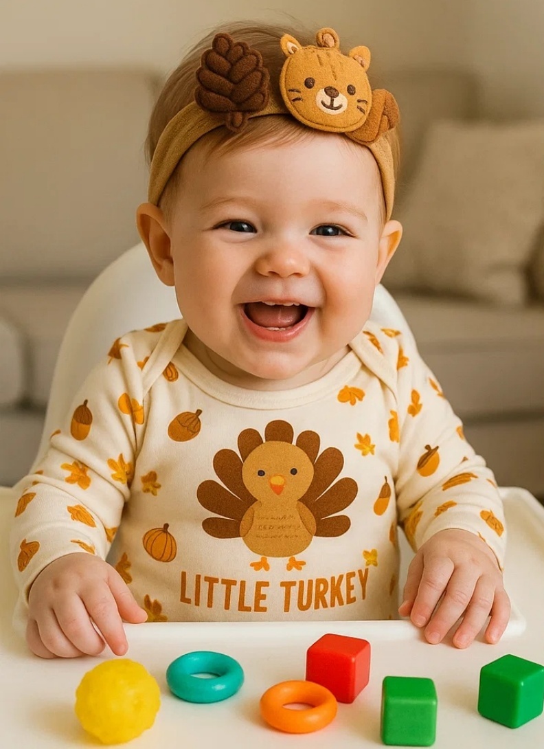 Baby Thanksgiving Headband with Crocheted Squirrel, Acorn, and Leaf Design