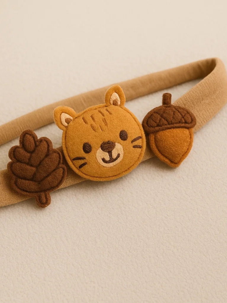 Baby Thanksgiving Headband with Crocheted Squirrel, Acorn, and Leaf Design