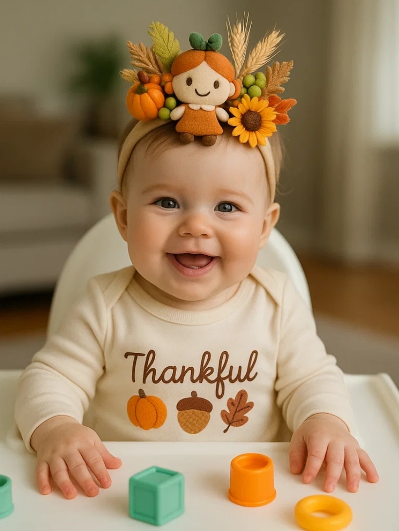 Baby Thanksgiving Headband with Crocheted Harvest Girl, Sunflower, Pumpkin, and Wheat Design
