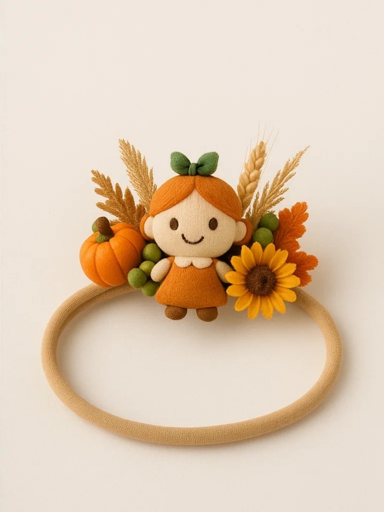 Baby Thanksgiving Headband with Crocheted Harvest Girl, Sunflower, Pumpkin, and Wheat Design