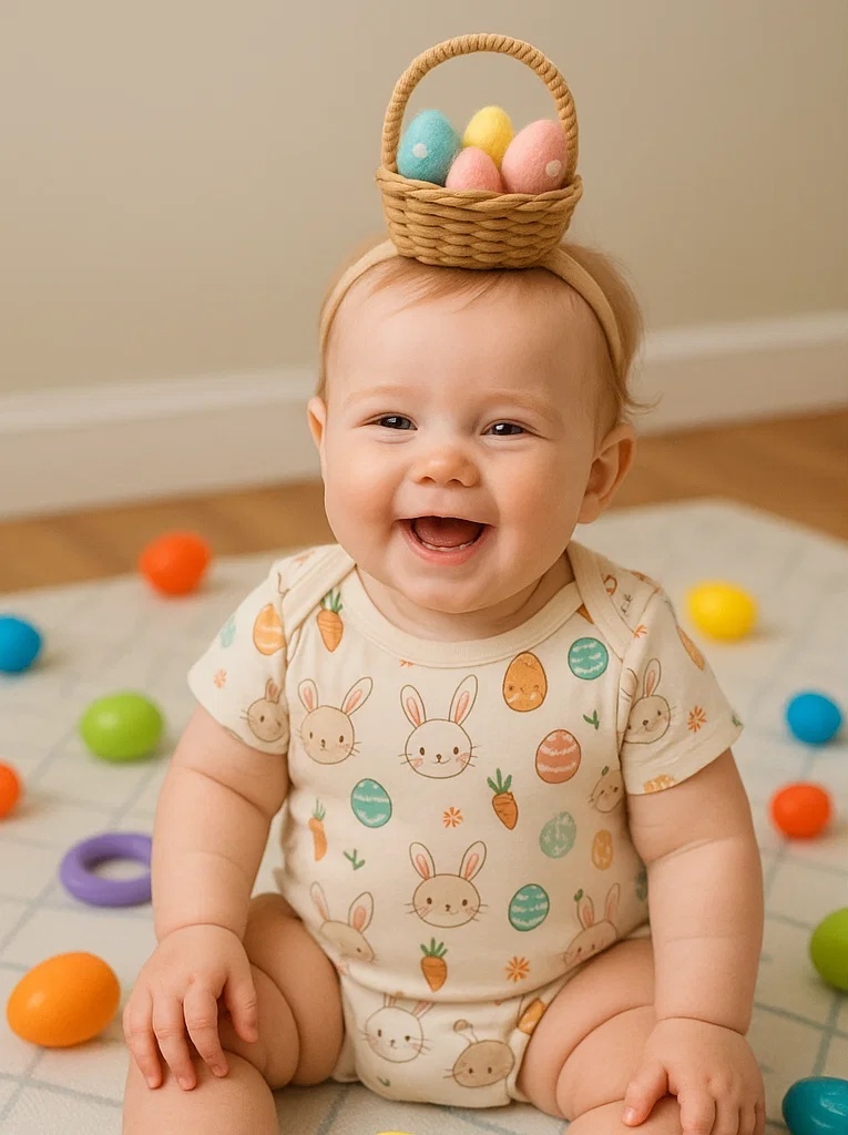 Easter Basket Baby Headband with Colorful Polka Dot Eggs - Soft and Adjustable for Infants & Toddlers