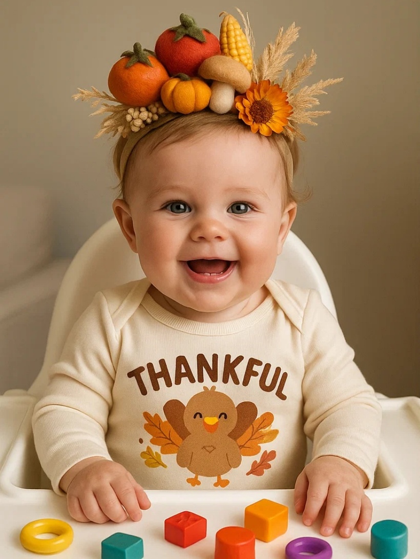 Baby Thanksgiving Headband with Crocheted Pumpkin, Corn, Sunflower, and Mushroom Design