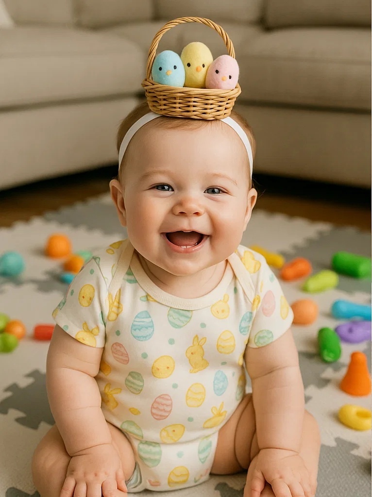 Easter Basket Baby Headband with Colorful Chick Eggs - Soft and Adjustable for Infants & Toddlers