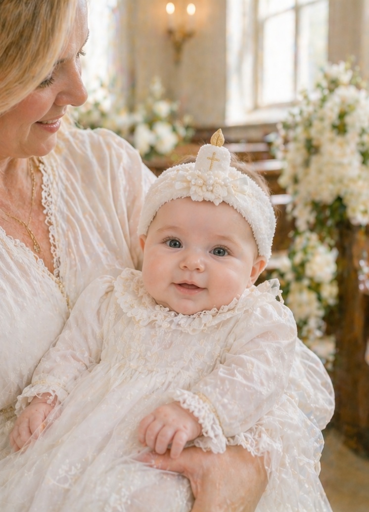 Floral Candle Christening Baby Headband with Removable Doll Topper