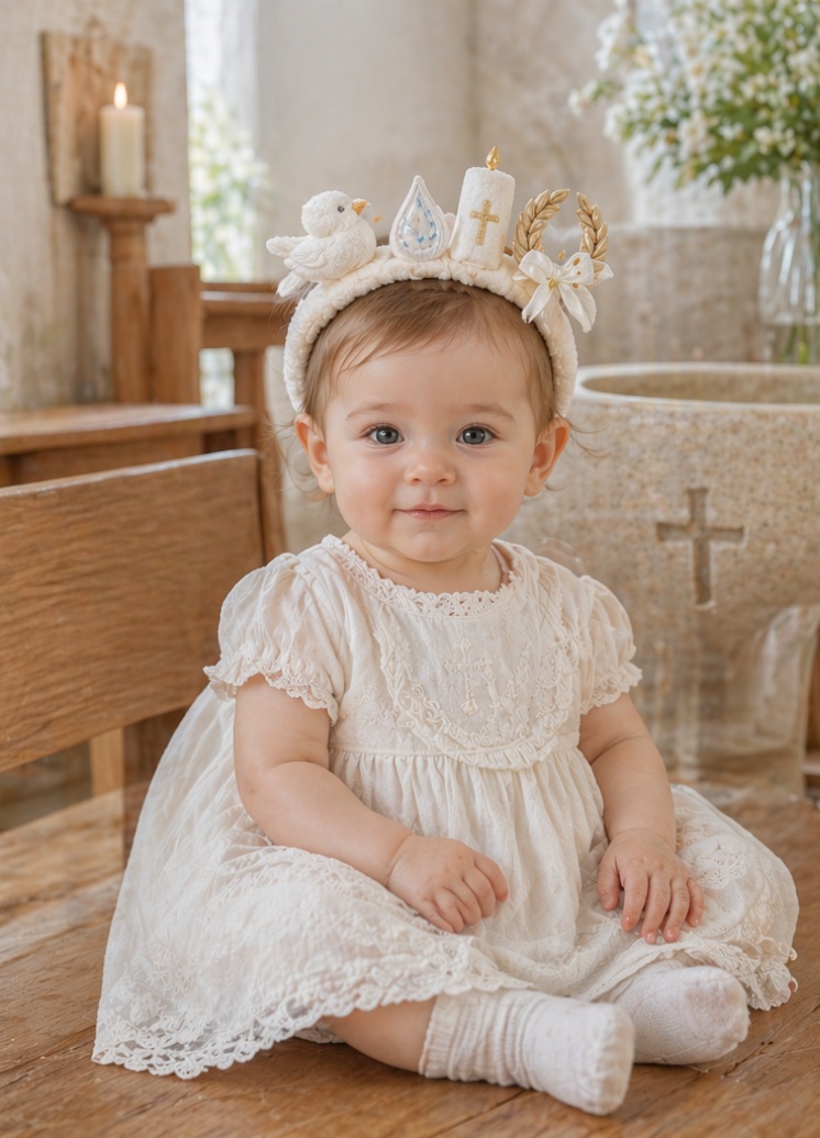 Serre-tête bébé baptême en gros avec poupée amovible, colombe, bougie et croix