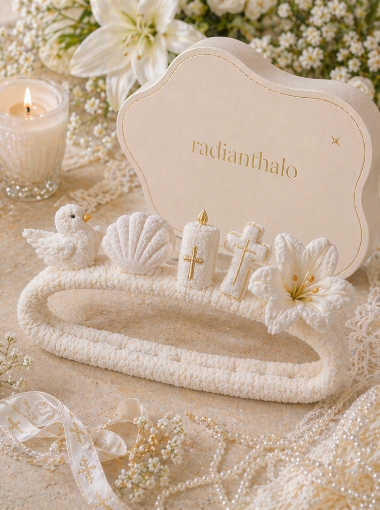 Wholesale Detachable Plush Christening Headband with Dove, Seashell & Gold Cross for Baby Baptism Gifts