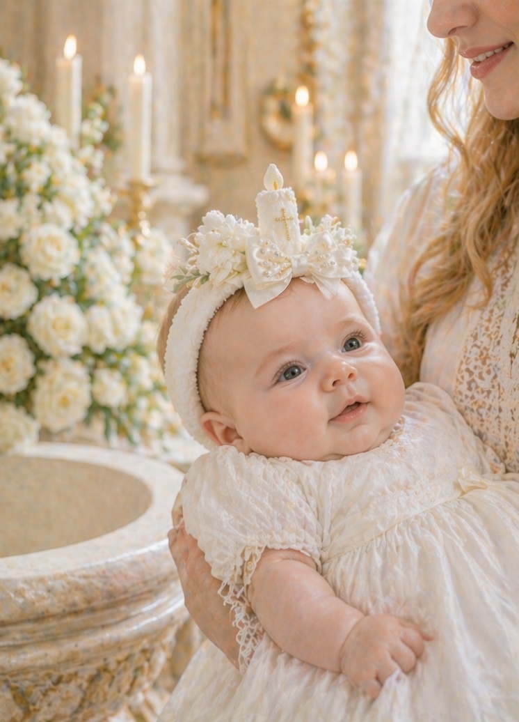 Wholesale White Christening Baby Detachable Doll Headband with Candle Cross Bow