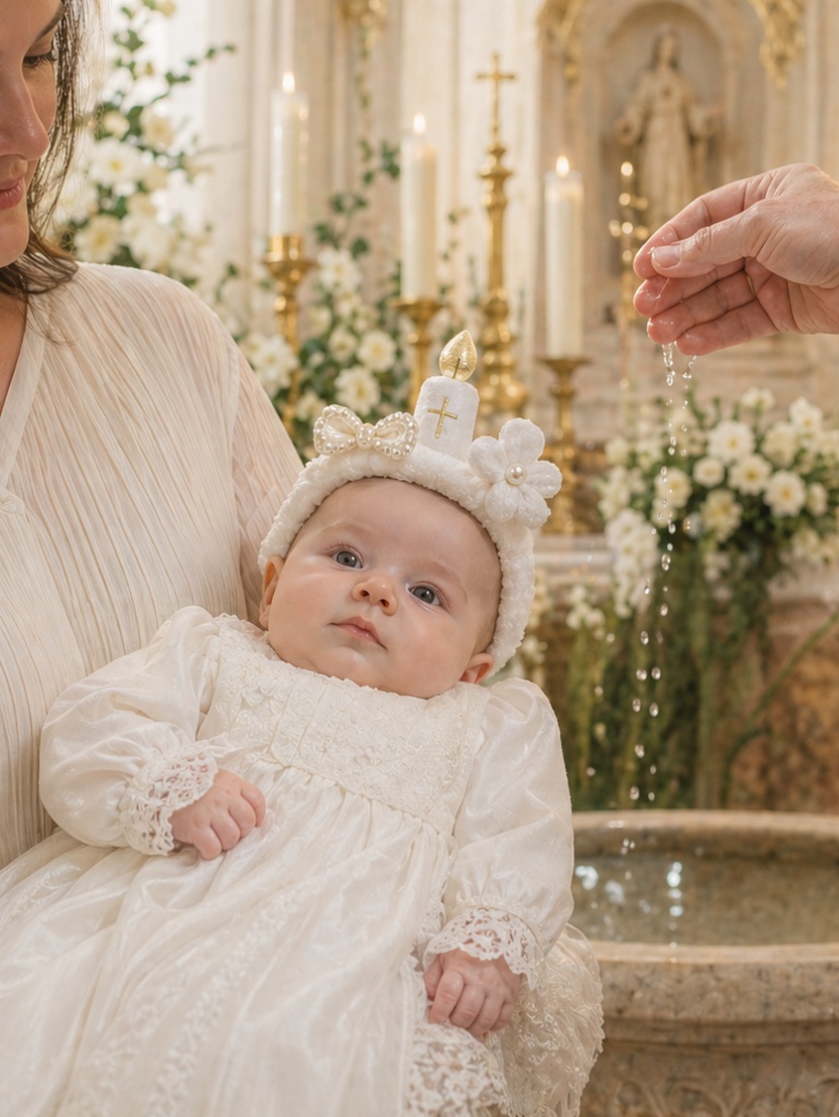 Wholesale White Christening Baby Headband with Detachable Plush Cross, Pearl Bow & Floral Appliques