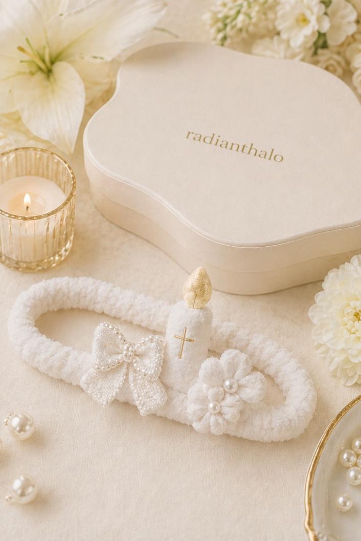 Wholesale White Christening Baby Headband with Detachable Plush Cross, Pearl Bow & Floral Appliques