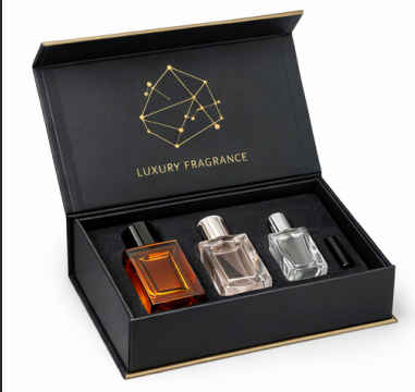 Luxury Custom Design Gold foil Embossing Perfume Fragrance Bottles Packing Foldable Magnetic Cardboard Closure Flat Rigid Perfume Paper box