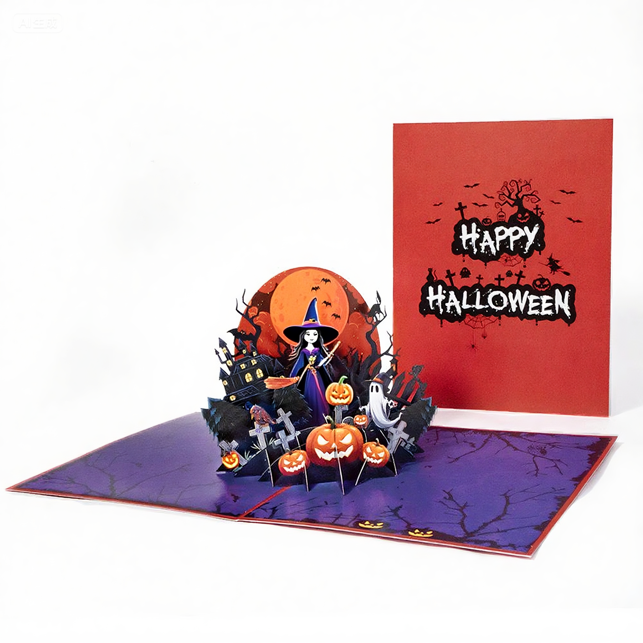 interactive spooky haunted dark house black bat flying witch ghost pumpkin pop up 3d paper halloween greeting card
