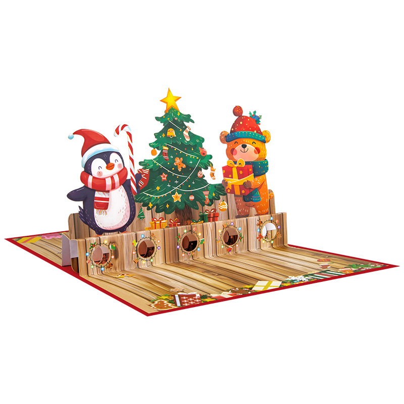 Interactive Magical snowman cute penguin Christmas Tree Jesus Santa Claus Religious Pop Up 3d Paper Christmas Greeting Card