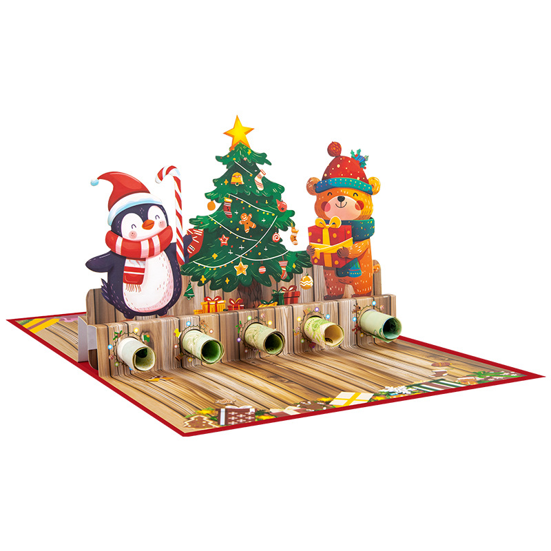 Interactive Magical snowman cute penguin Christmas Tree Jesus Santa Claus Religious Pop Up 3d Paper Christmas Greeting Card