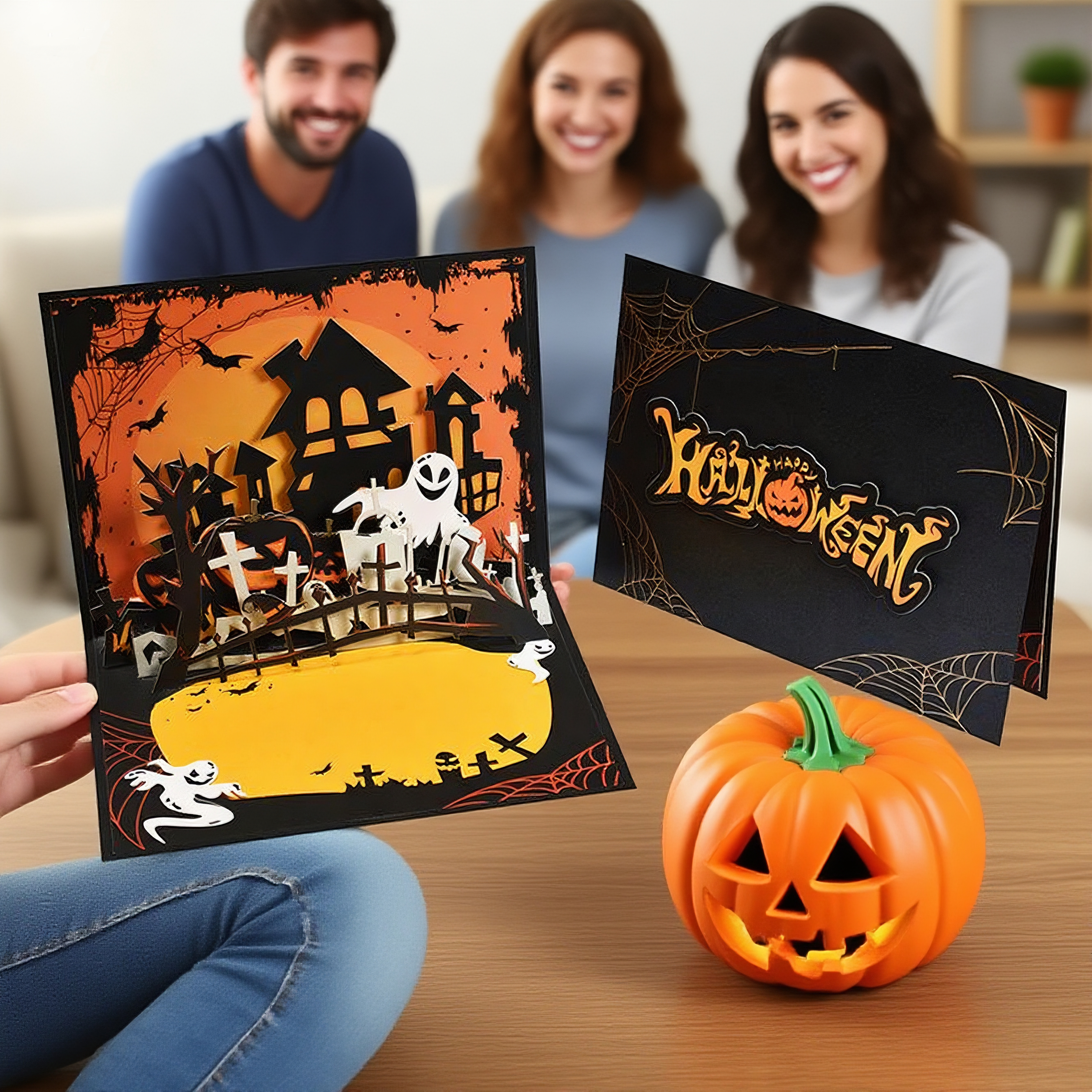 interactive spooky haunted house cross witch ghost pumpkin pop up 3d paper halloween greeting card