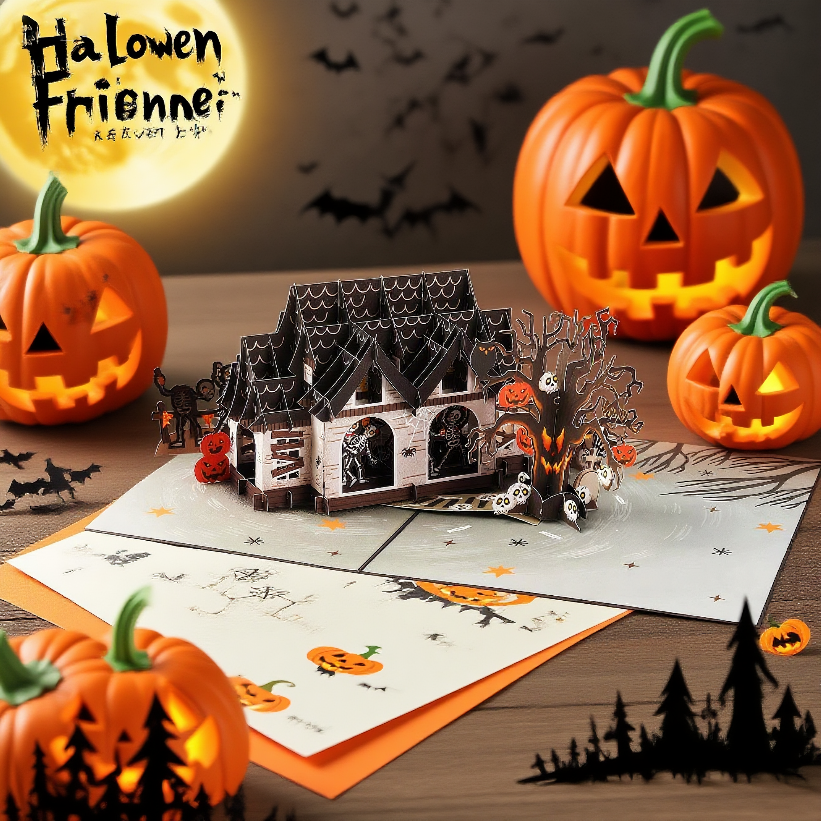interactive spooky haunted house witch ghost Black Bat pumpkin pop up 3d paper halloween greeting card