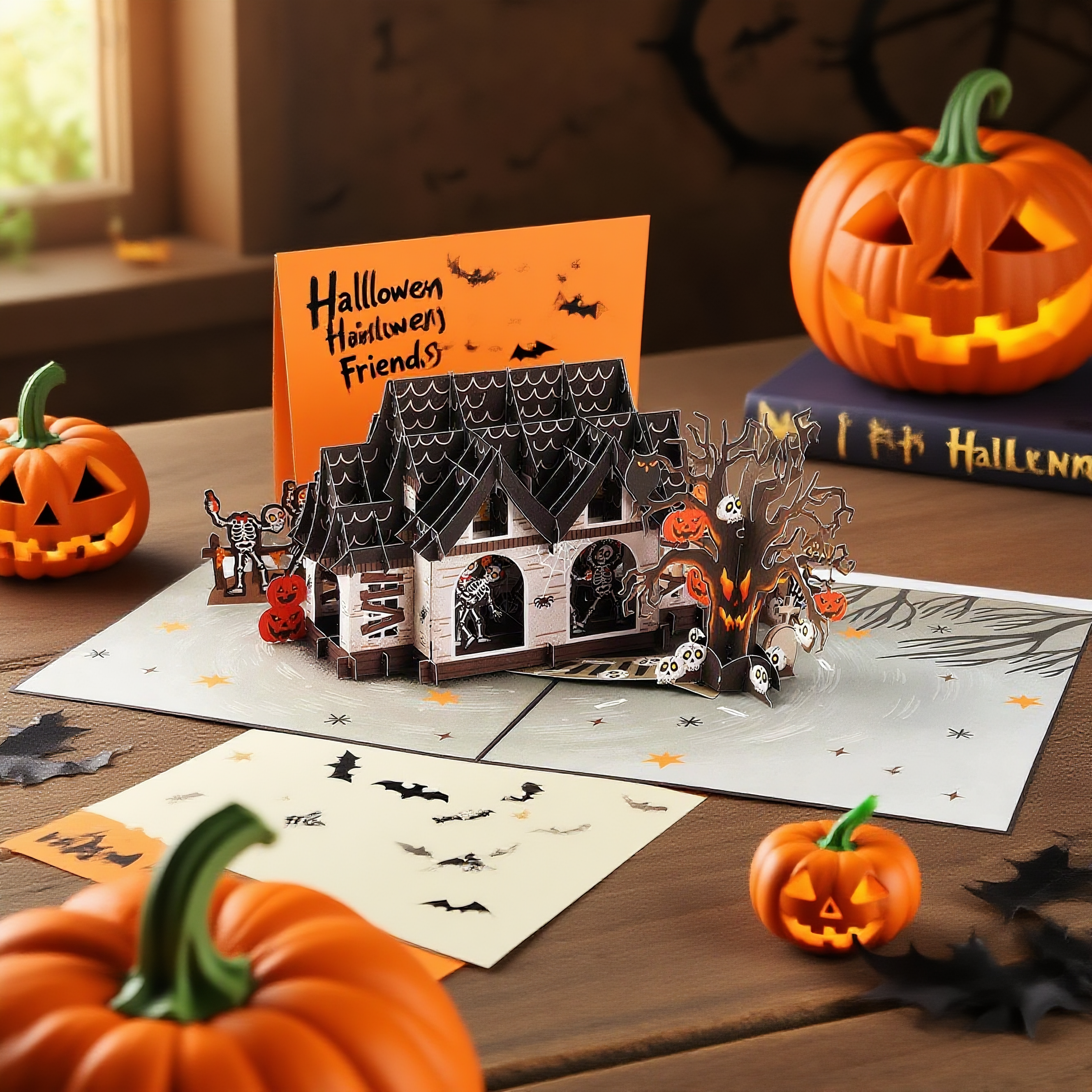 interactive spooky haunted house witch ghost Black Bat pumpkin pop up 3d paper halloween greeting card
