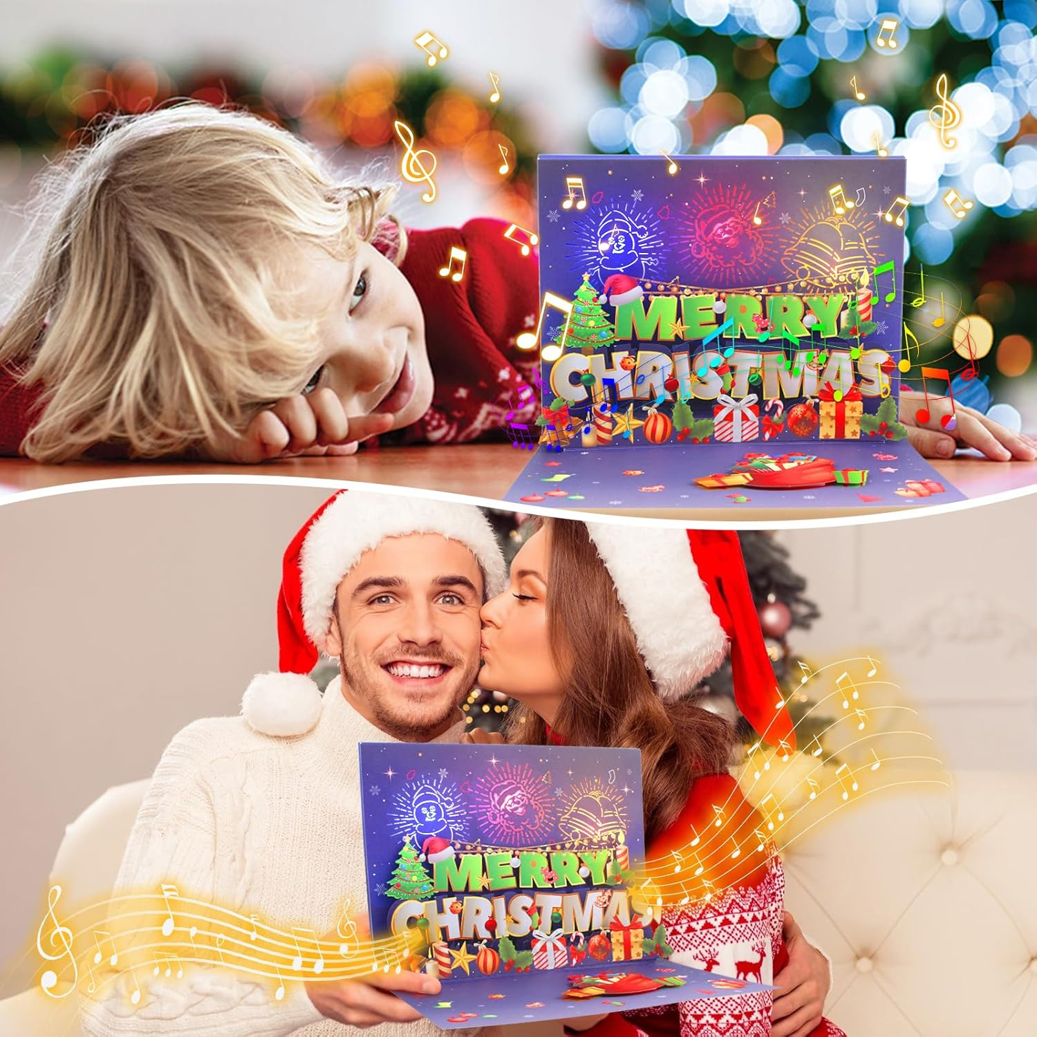 Interactive Magical Snowman Christmas Tree LED Fireworks Santa Claus Pop Up 3d Paper Christmas Greeting Card
