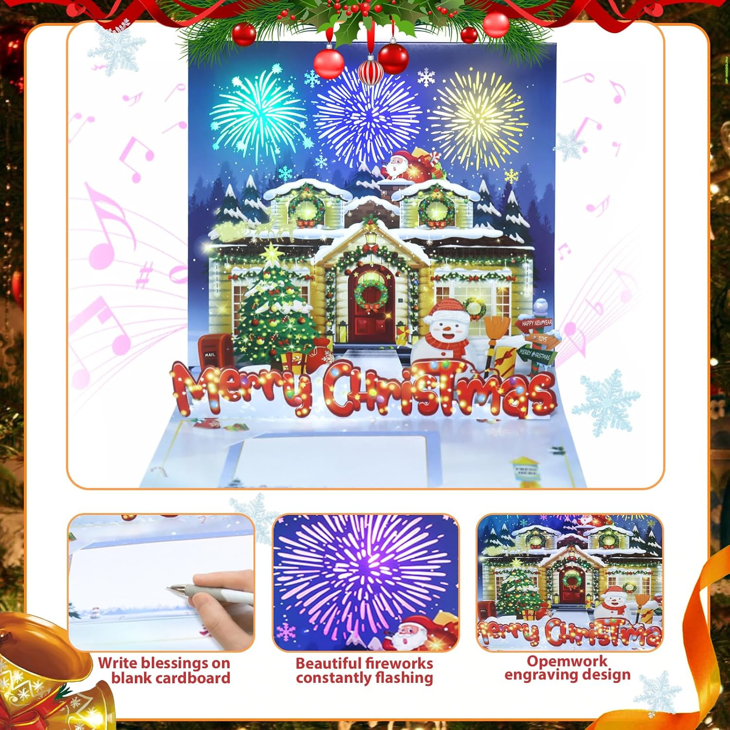 Interactive Magical Snowman Christmas Tree LED Fireworks Santa Claus Pop Up 3d Paper Christmas Greeting Card