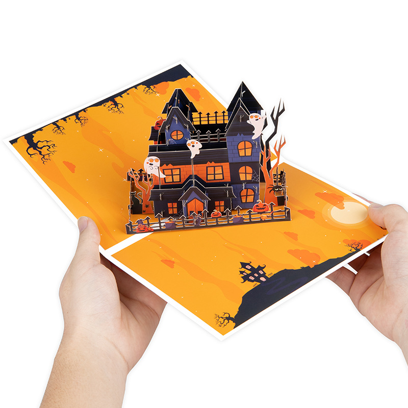 interactive spooky haunted house witch ghost pumpkin with orange retro Halloween pop up 3d paper halloween greeting card