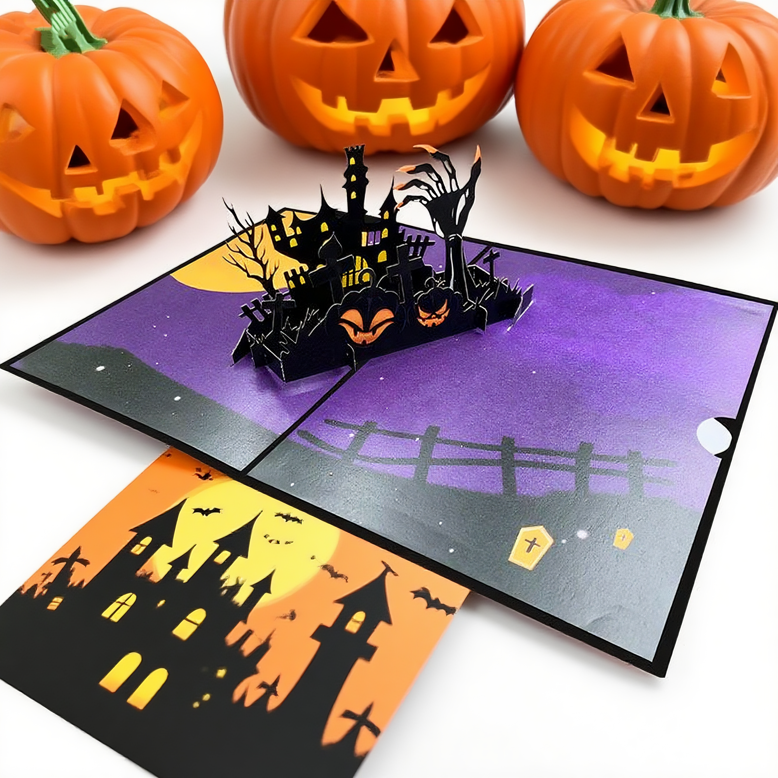 Interactive Spooky Haunted House Haunted Castle, Pumpkins & Bats Witch Ghost Pumpkin Pop Up 3d Paper Halloween Greeting Card
