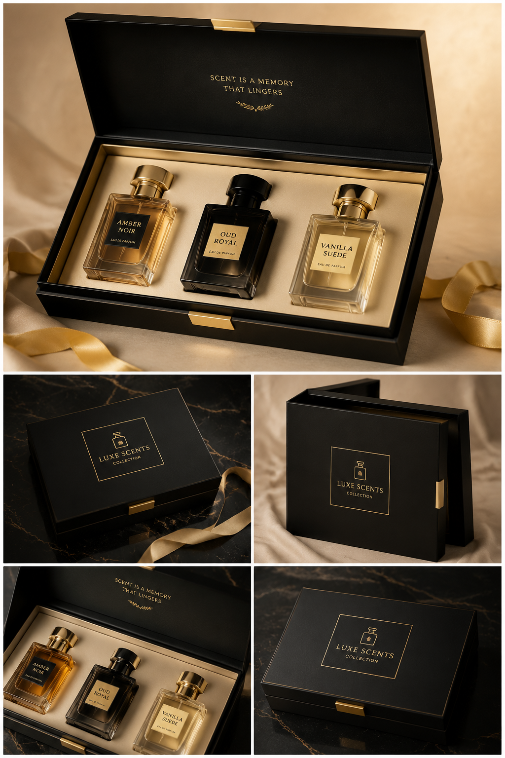 Luxury Magnetic Perfume Paper Packaging Box with Ribbon – Foldable Rigid Cardboard Gift Set