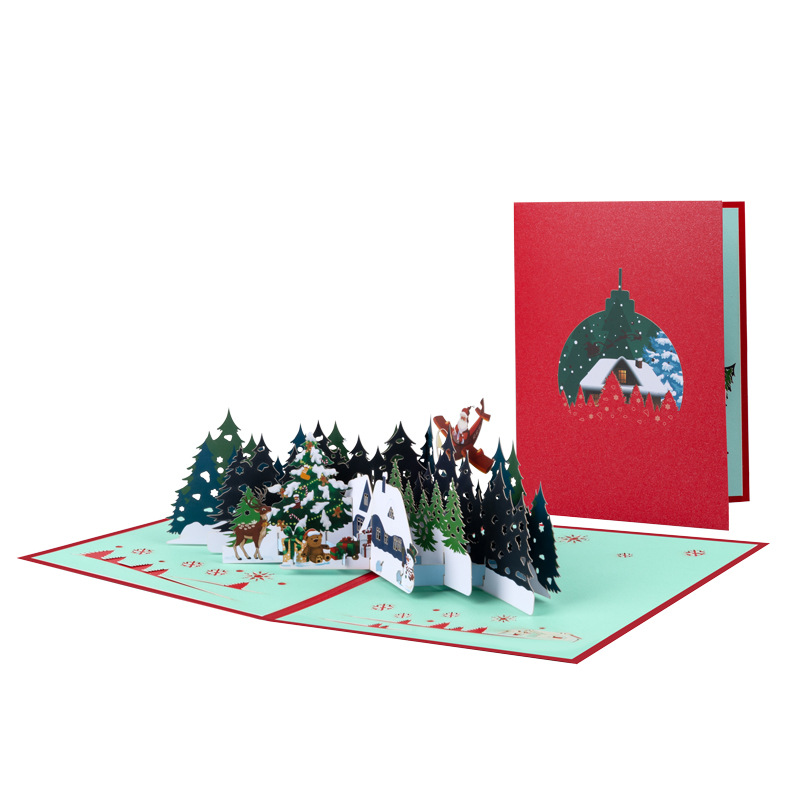 Interactive Magical Winter Cottage Scene Christmas Tree Jesus Santa Claus Religious Pop Up 3d Paper Christmas Greeting Card
