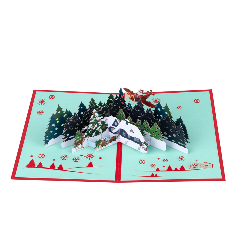Interactive Magical Winter Cottage Scene Christmas Tree Jesus Santa Claus Religious Pop Up 3d Paper Christmas Greeting Card