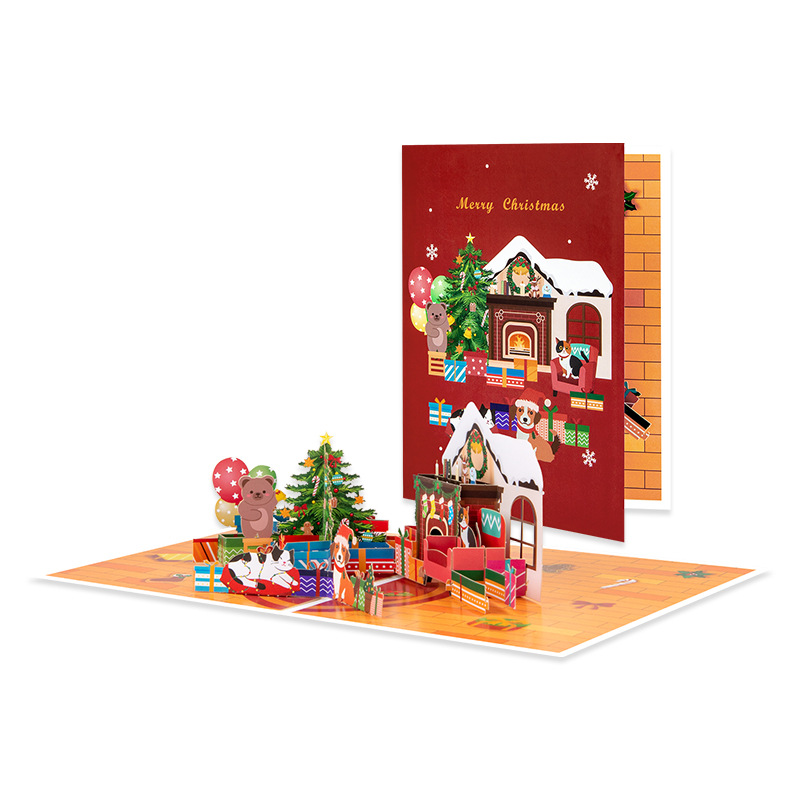 Interactive Magical cute pet snowman Christmas Tree Jesus Santa Claus Religious Pop Up 3d Paper Christmas Greeting Card