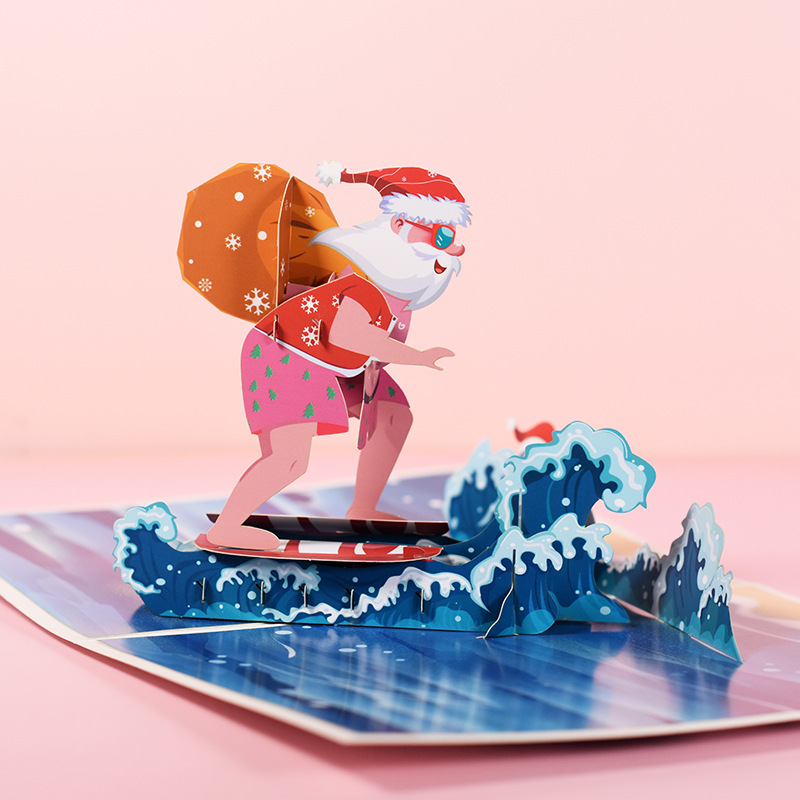 Interactive Magical beach lover Snowman Christmas Tree Jesus Surfing Santa Claus Religious Pop Up 3d Paper Christmas Greeting Card