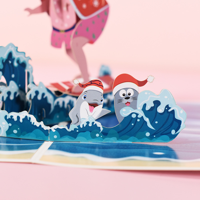 Interactive Magical beach lover Snowman Christmas Tree Jesus Surfing Santa Claus Religious Pop Up 3d Paper Christmas Greeting Card