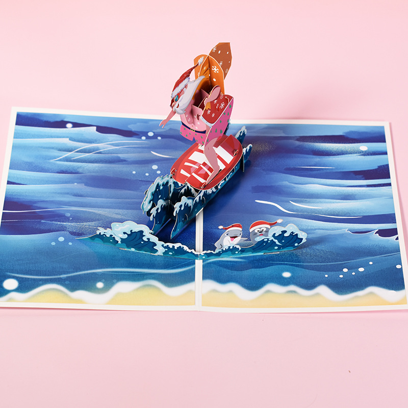 Interactive Magical beach lover Snowman Christmas Tree Jesus Surfing Santa Claus Religious Pop Up 3d Paper Christmas Greeting Card