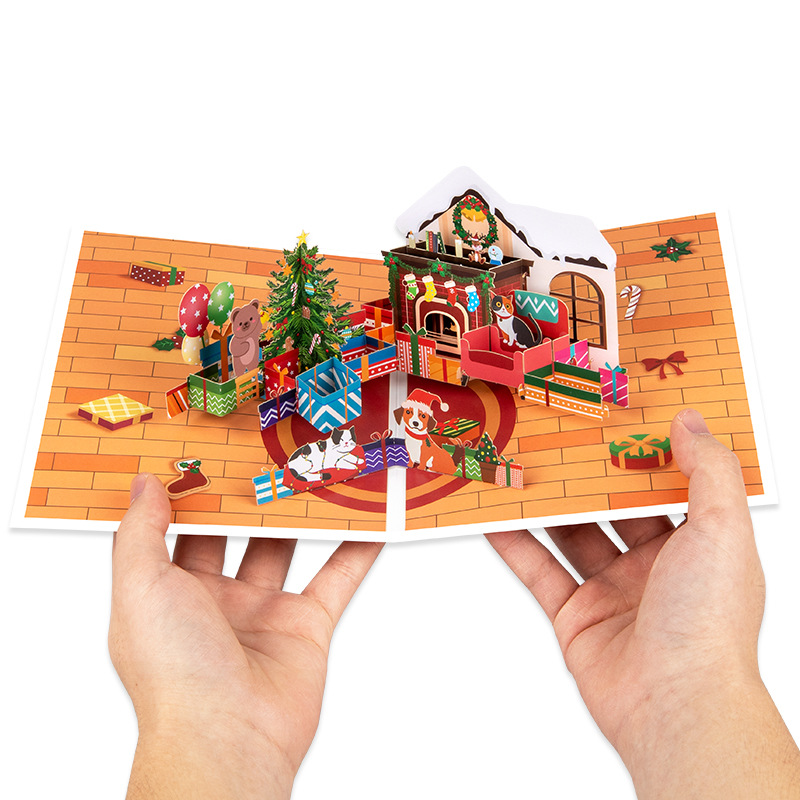 Interactive Magical cute pet snowman Christmas Tree Jesus Santa Claus Religious Pop Up 3d Paper Christmas Greeting Card