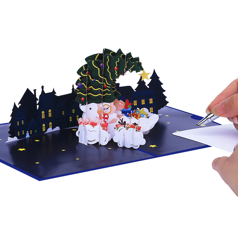 Interactive Magical blue star Snowman Christmas Tree Jesus Santa Claus Religious Pop Up 3d Paper Christmas Greeting Card