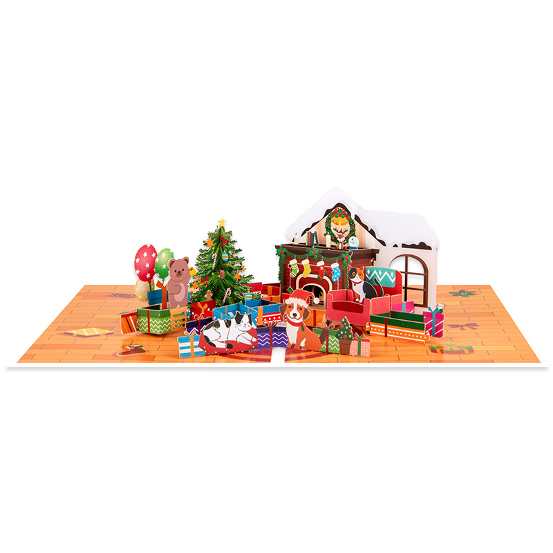 Interactive Magical cute pet snowman Christmas Tree Jesus Santa Claus Religious Pop Up 3d Paper Christmas Greeting Card