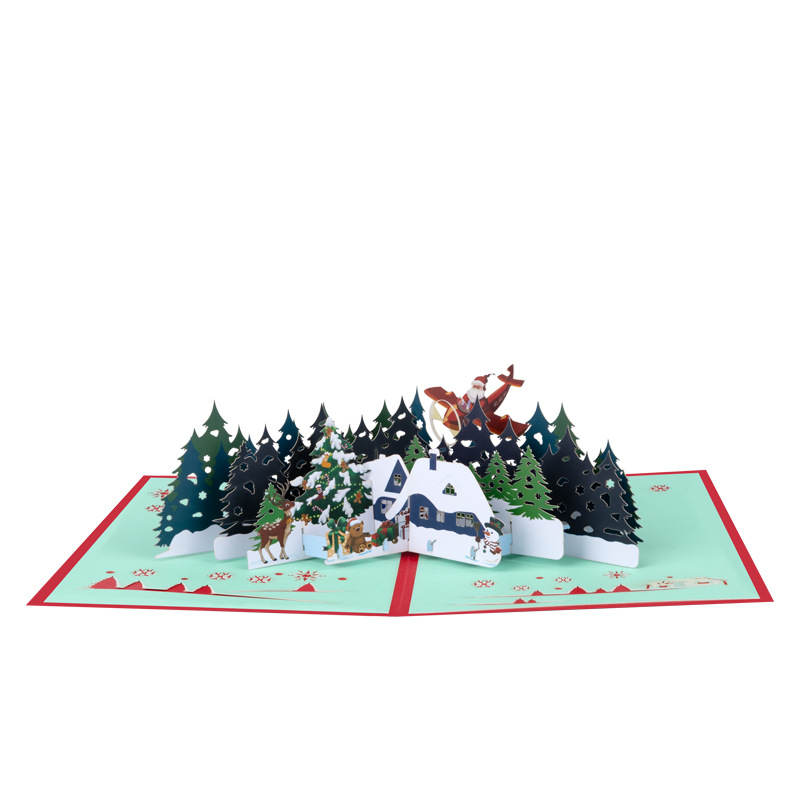 Interactive Magical Winter Cottage Scene Christmas Tree Jesus Santa Claus Religious Pop Up 3d Paper Christmas Greeting Card