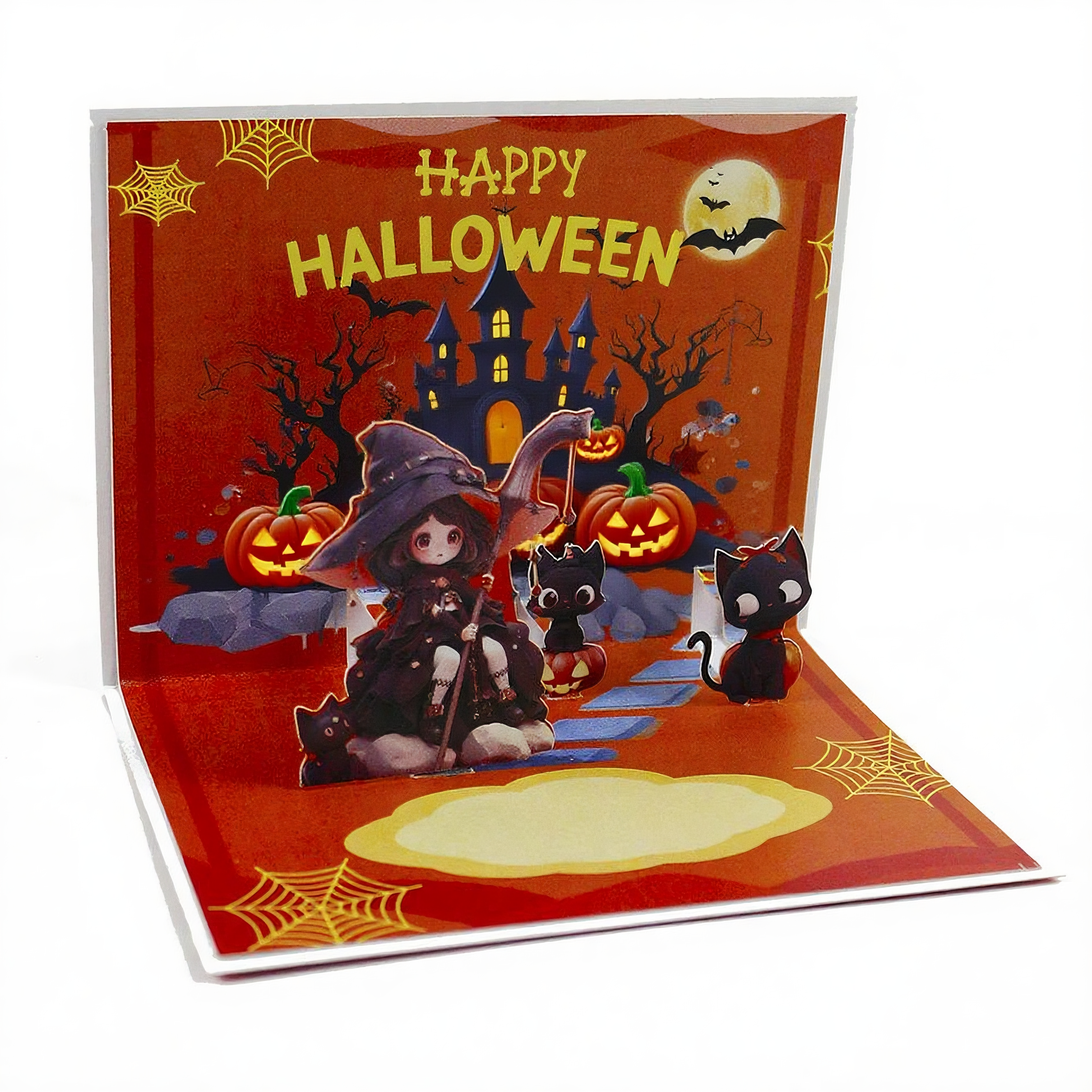 red snowflake interactive spooky black cat haunted house witch ghost pumpkin pop up 3d paper halloween greeting card