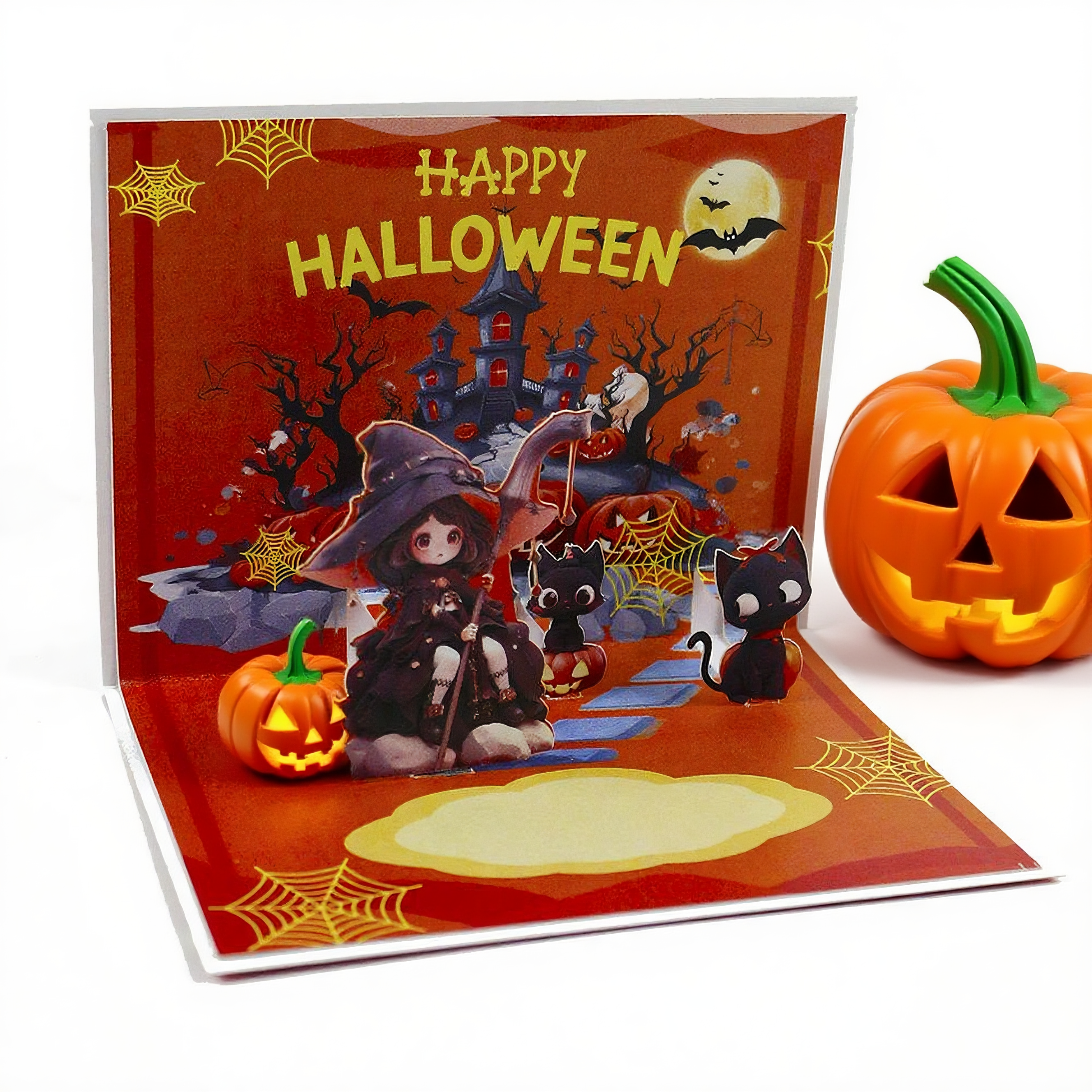 red snowflake interactive spooky black cat haunted house witch ghost pumpkin pop up 3d paper halloween greeting card
