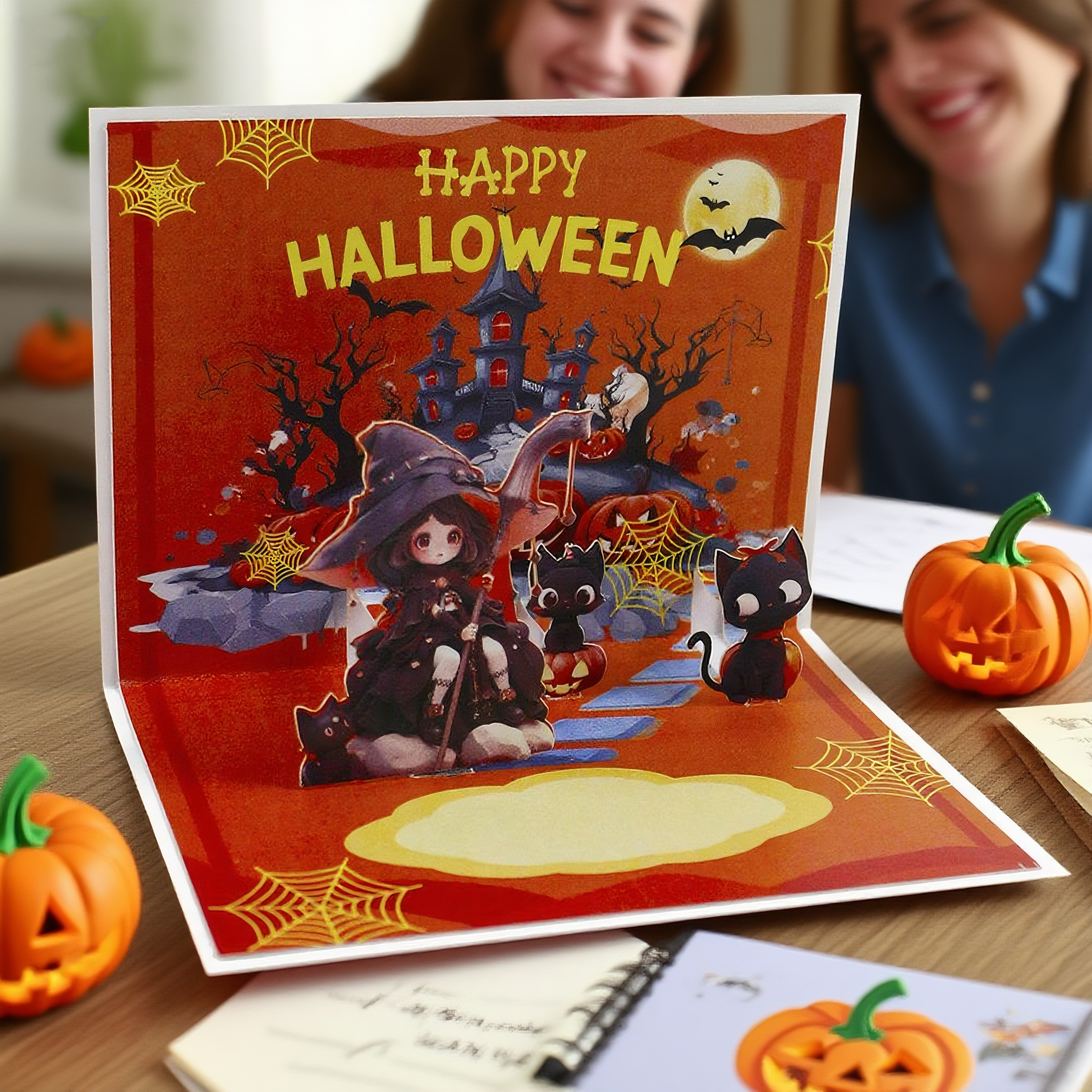 red snowflake interactive spooky black cat haunted house witch ghost pumpkin pop up 3d paper halloween greeting card