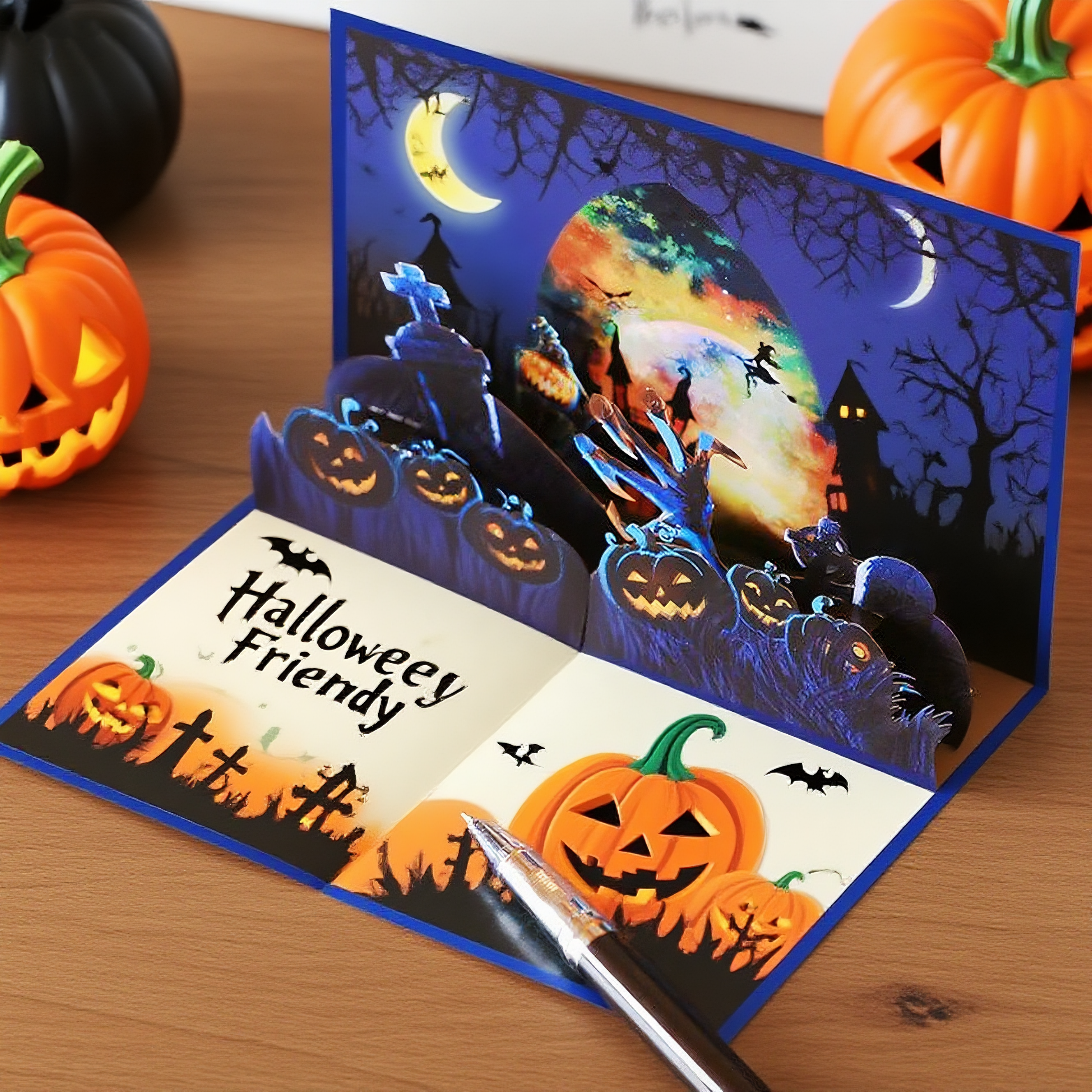 interactive spooky haunted house witch ghost brutality pumpkin pop up 3d paper halloween greeting card