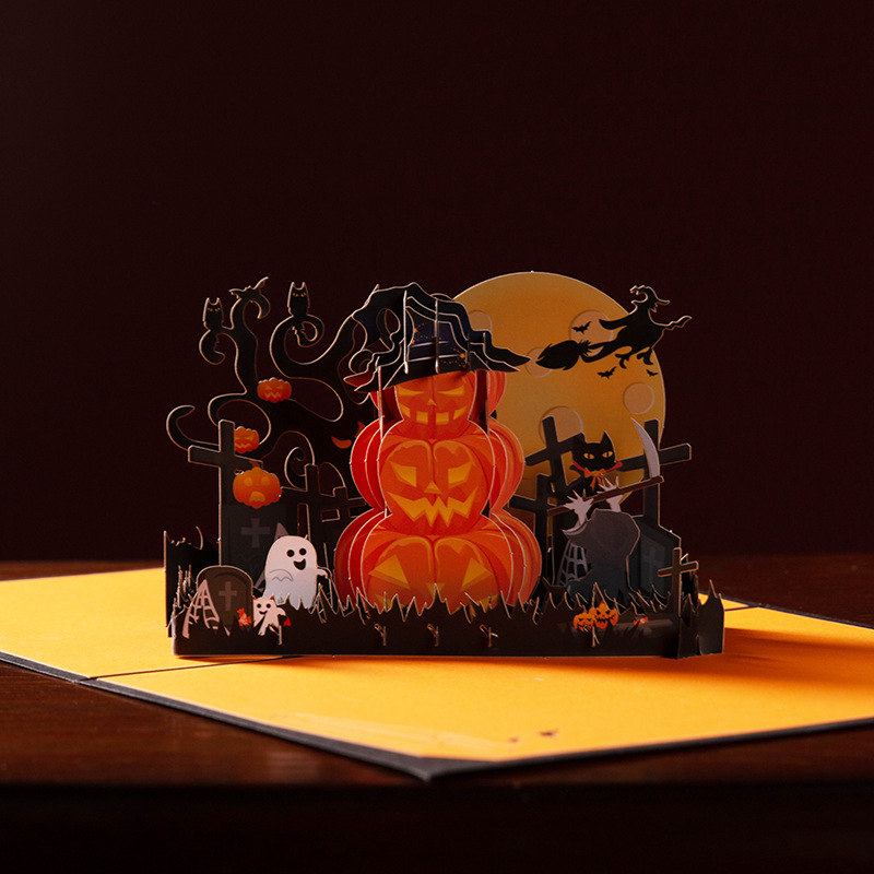 Black Interactive Spooky Haunted House Witch Ghost Pumpkin Pop-Up 3D Paper Halloween Greeting Card
