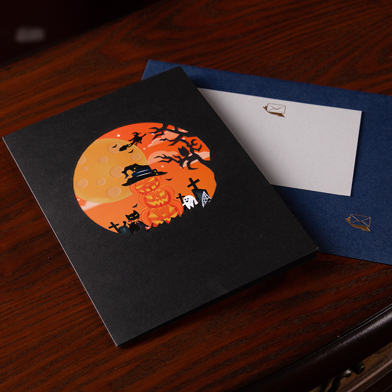 Black Interactive Spooky Haunted House Witch Ghost Pumpkin Pop-Up 3D Paper Halloween Greeting Card