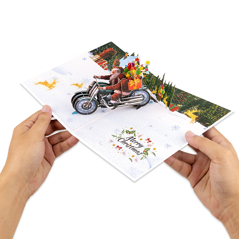 Interactive Magical Snowman on Motorcycle Christmas Tree Jesus Santa Claus Religious Pop Up 3d Paper Christmas Greeting Card