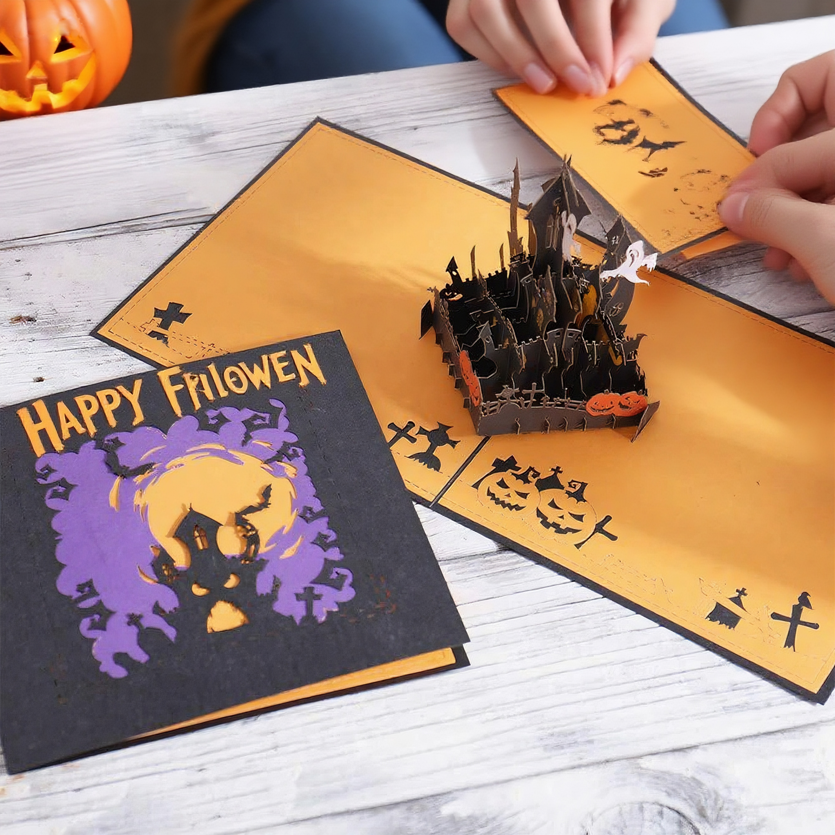 halloween castle interactive spooky haunted  haunted house witch ghost pumpkin pop up 3d paper halloween greeting card