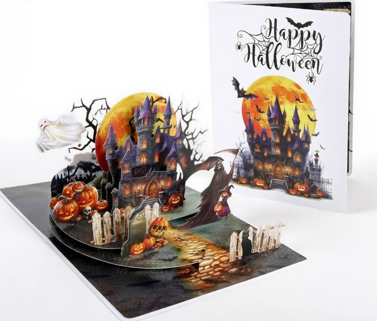 interactive spooky haunted house cat witch ghost pumpkin pop up 3d paper halloween greeting card
