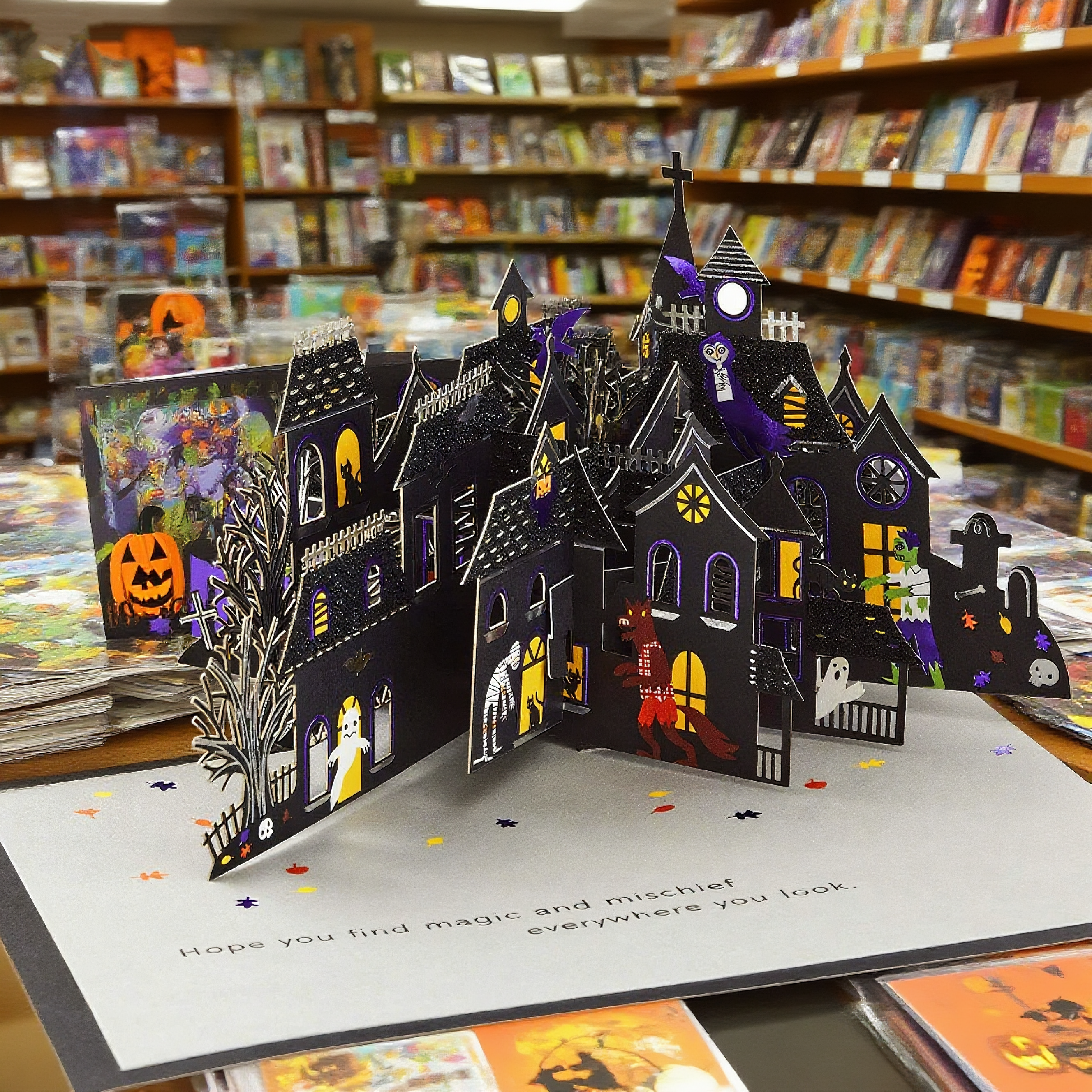 interactive spooky glitter haunted house witch ghost pumpkin pop up 3d paper halloween greeting card