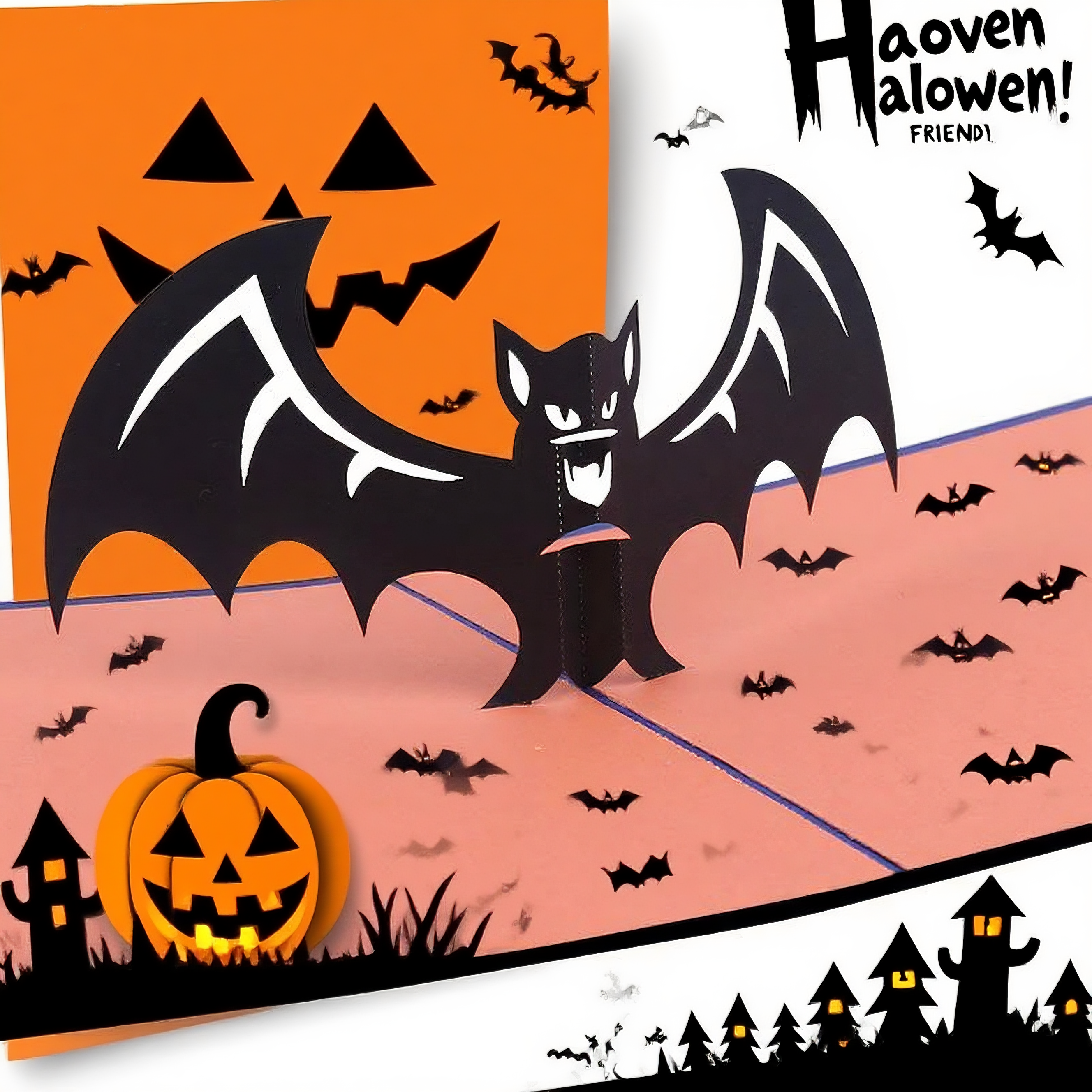 Creepy vampire bat cutout spooky haunted house witch ghost bat pumpkin pop up 3d paper halloween greeting card