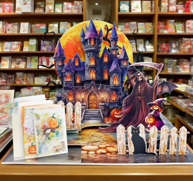 interactive spooky haunted house cat witch ghost pumpkin pop up 3d paper halloween greeting card