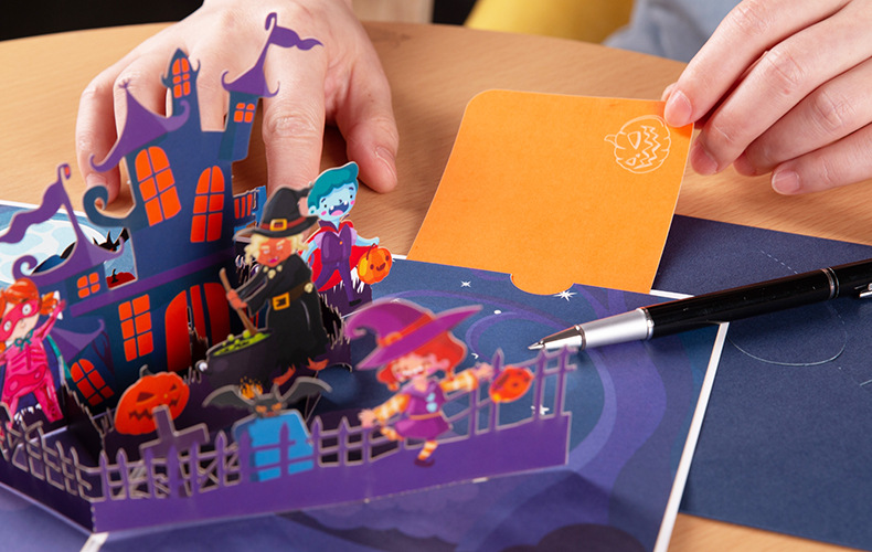 interactive spooky haunted purple house witch ghost pumpkin pop up 3d paper halloween greeting card