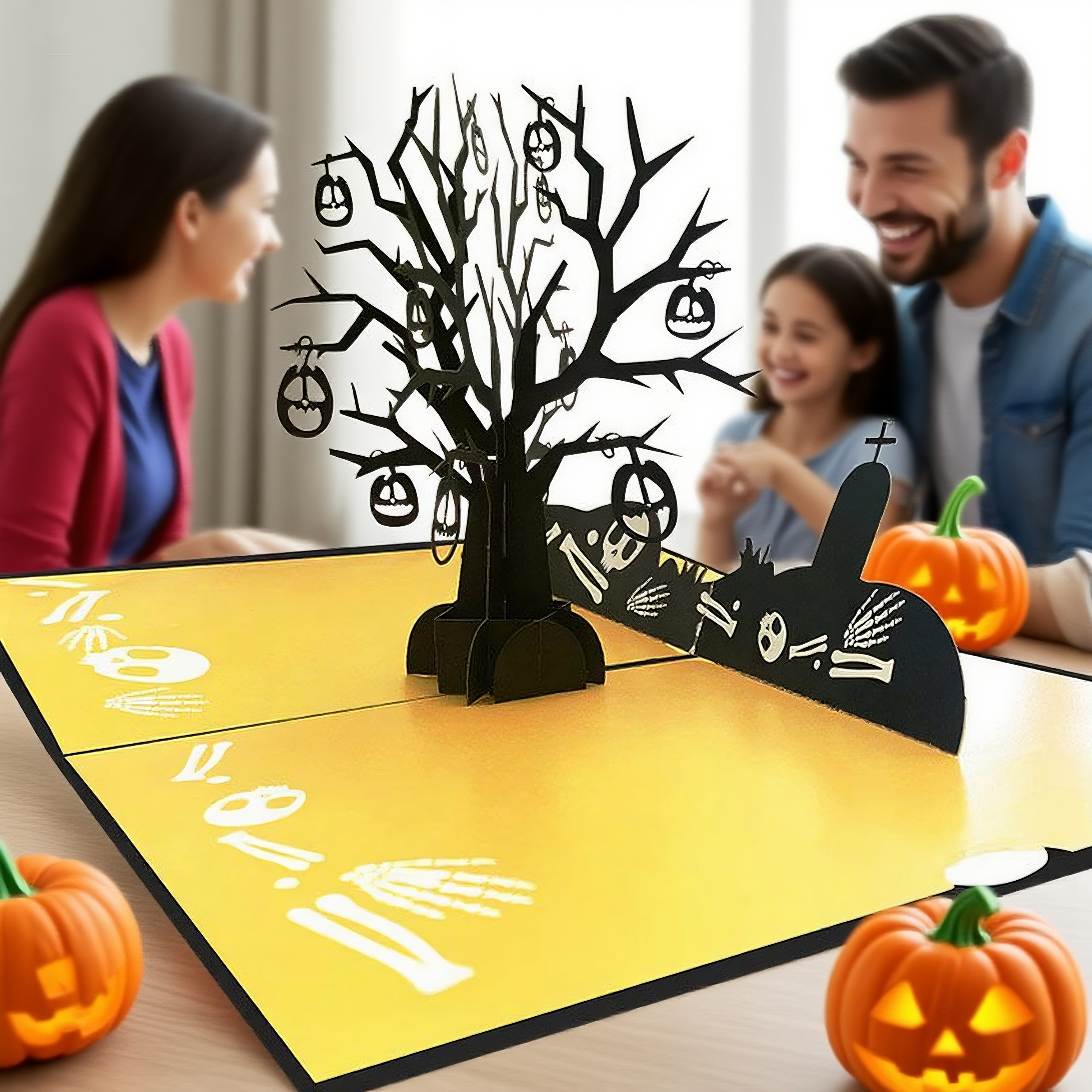 interactive spooky haunted house Skull Tree witch ghost pumpkin pop up 3d paper halloween greeting card