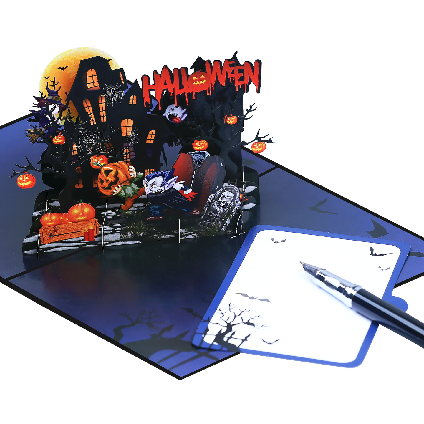 interactive spooky haunted house Skull witch ghost pumpkin pop up 3d paper halloween greeting card
